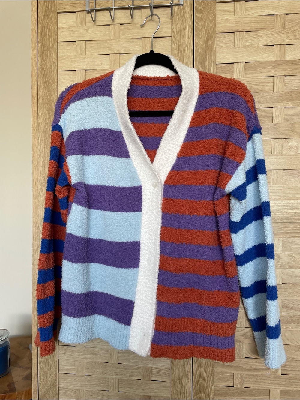 Striped V-Neck Cardigan Sweater in Light Blue, Purple & Rust